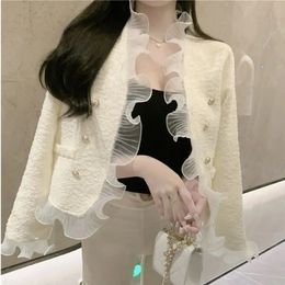 Nouveau automne et hiver petit parfum tweed veste femmes français rétro froufrous ultra-mince coréen à la mode élégant manteau haut 240123
