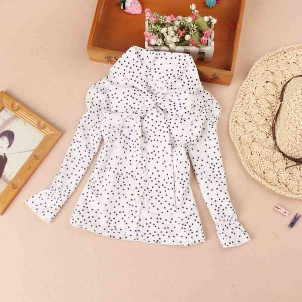 Nouveau Automne Chemisier En Mousseline De Soie pour Filles À Manches Longues Tops Coréen Enfants Vêtements École Fille Blanc Dot Chemises Arc Patten Vêtements 210331