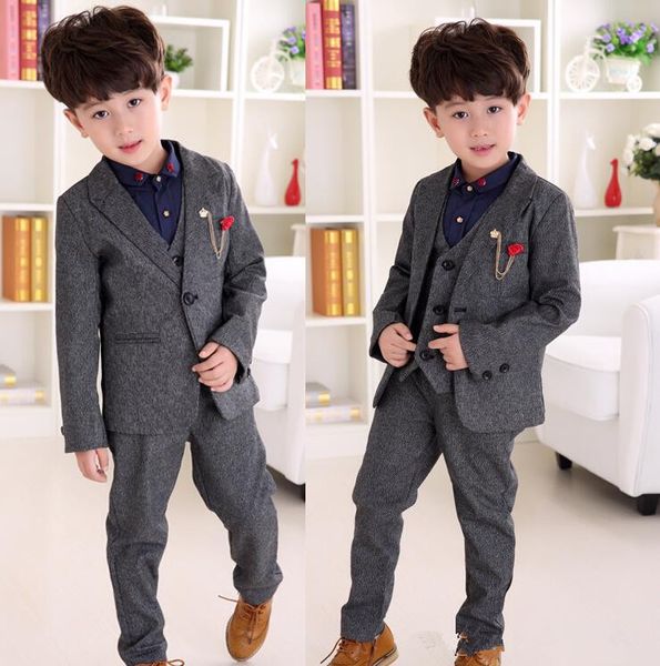 Nuevos trajes formales de otoño para niño, traje gris oscuro para niños, trajes de tres piezas con un botón para niños pequeños, trajes para ocasiones de boda (chaqueta + pantalones + chaleco)