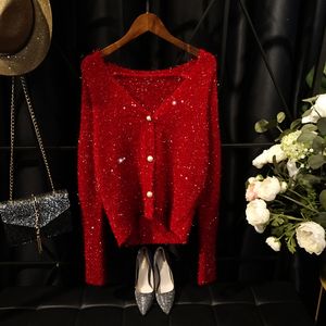 Nieuwe herfst mode vrouwen slanke taille rode kleur lurex glanzende bling gebreide trui vest tops