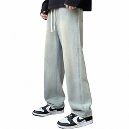 Nouveau automne hommes denim pantalons à jambes larges style coréen droit bleu clair baggy jeans taille élastique pantalon ample mâle grande taille N9cy #