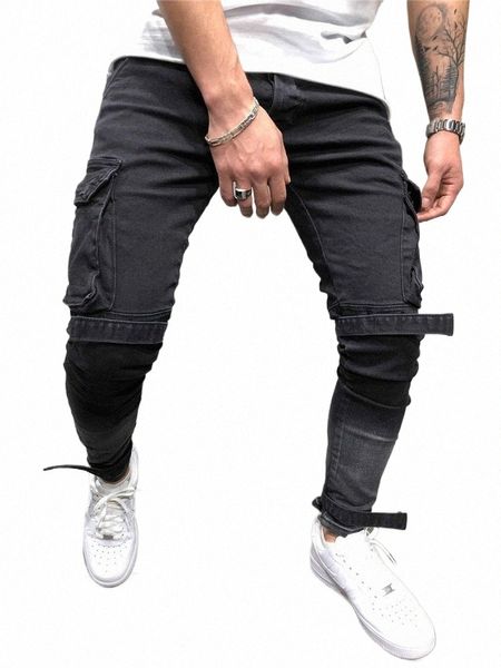 Jeans Slim pour hommes, nouvelle collection d'automne, noir, grande poche, loisirs, cravate, bouche, petits pieds, pantalon en Denim Fi de haute qualité, 988q #