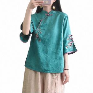 Nieuwe Herfst Veelkleurig Zeven Kwart Dames Cott Linnen Shirt Blouse Chinese Traditial Dames Formele Top Ttang Kostuum Hanfu E1gL #
