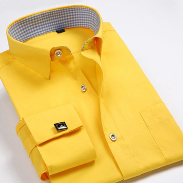 Nuevo otoño Color puro rosa amarillo azul moda personalidad Casual Formal manga larga hombres vestido camisa con gemelos franceses