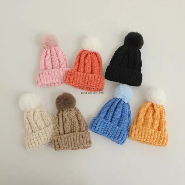 Nouveau automne hiver bébé enfants tricoté chapeau torsion boule de laine couleur bonbon casquette enfants crâne bonnets cache-oreilles garçons filles chapeaux chauds