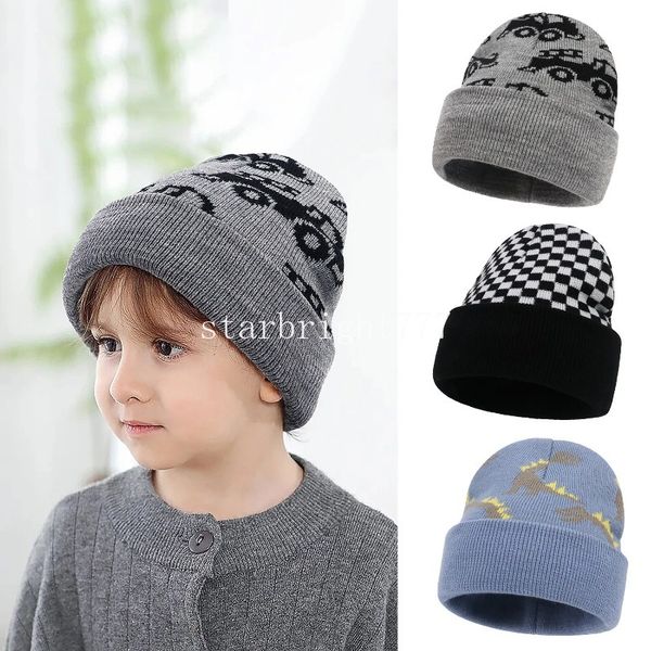 Nouveau automne hiver enfants chapeau infantile bébé garçons dessin animé dinosaure Plaid voiture Jacquard tricoté chapeau Beanie enfants chaud laine chapeaux