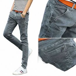 Nouveau Automne Hiver Hip Hop Kpop Brossé Denim Tissu W Déchiré Coréen Fi Hommes Serré Designer Original Cowboy Slim Pantalon L9xE #
