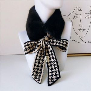 Nieuwe Herfst Winter Houndstooth Mode Gehaakte Gebreide Sjaal Foulard Femme Faux Bontkraag Halswarmer Sjaals voor Vrouwen Y201007292j