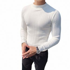 Nieuwe Herfst Winter Koreaanse Slim Fit Streep Trui Mannen Elastische Breien Trui Shirts Semi Hoge Hals Effen Kleur Strakke Trui k2DQ #