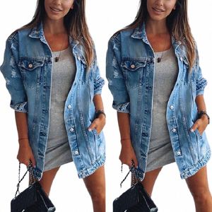 Nuevo Otoño Invierno Lg-Sleeve Lapel W Water Hole Casual Women Denim Jacket Ladies Fi Loose Street Maxi Denim Femme Coat U01E #