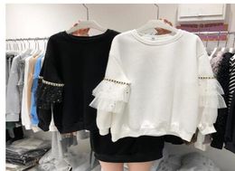 Nieuwe herfst winter vrouwen hoodie Koreaanse mode mesh ruches lange mouw lossefit fleece liner pullover sweatshirt warme jas16856556070314