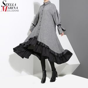 Nouveau automne hiver femmes grande taille gris chemise robe à manches longues Patchwork épais chaud à volants élégant robe de soirée Style 3073 201030