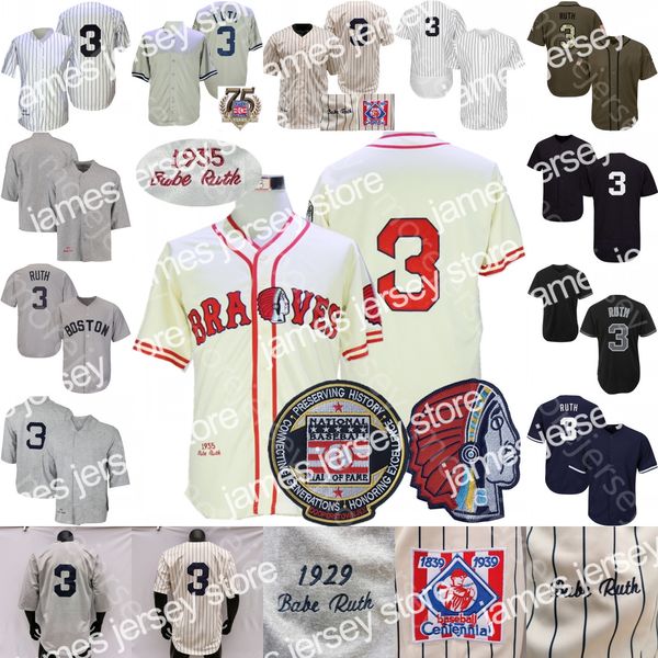 New Babe Ruth Jersey Parche del Salón de la Fama 1914 1929 Gris 1935 Crema a rayas Cooperstown Navy Player Fans II Saludo al servicio Negro Tamaño S-3XL