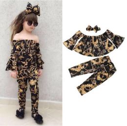 New Baby 3pcs Clothing Sets Toddler Kids Girl Off Shoulder Tops Headband Pants Infant Autumn Outfits Summer