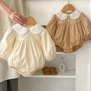 Nouveau bébé automne barboteuse enfant en bas âge filles doux automne body dentelle fleur automne à manches longues col de poupée imprimé fleuri body nouveau-né vêtements 2561