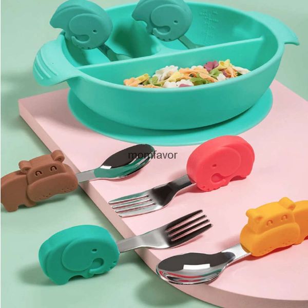 Nouveaux biberons # bébé Gadgets ensemble de vaisselle enfants ustensile en acier inoxydable enfant en bas âge vaisselle couverts dessin animé infantile alimentation cuillère fourchette