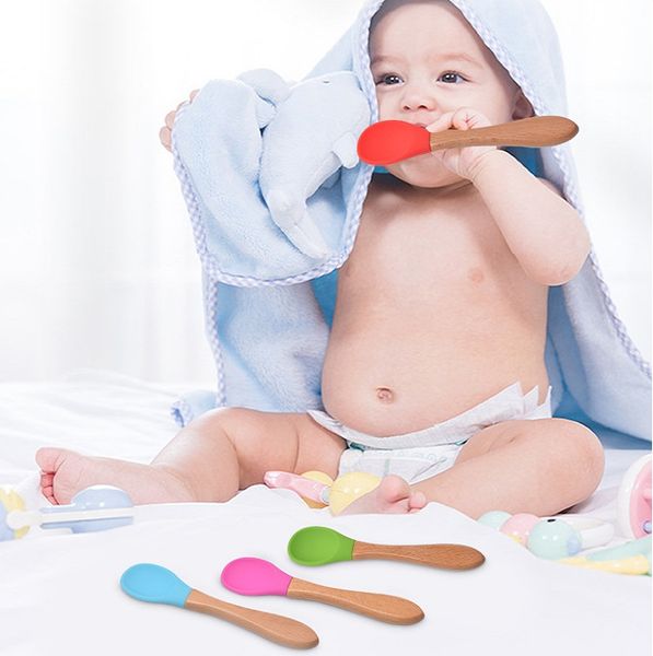 Cuillère d'alimentation pour bébé, manche en bambou, cuillère en Silicone, cuillères pour aliments pour bébé, Anti-brûlure et résistance aux chutes, cuillères d'entraînement 9090