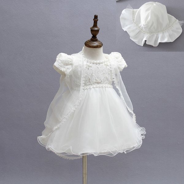 Nouvelle petite fille baptême de baptême des robes de robe de Pâques en dentelle en satin broderie shwal billon formel bébé fille robe de fête de fille 3pcs 2318