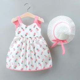 Nieuwe baby meisje kleding jurk + hoed strand ananas 3d casual zomer katoen prinses kleding kinderen kinderen baby meisje jurken