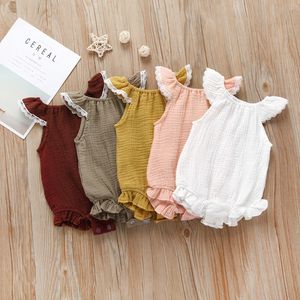 NOUVEAU bébé fille vêtements escalade barboteuse 100% coton col rond dentelle volante manches courtes couleur unie barboteuse fille automne barboteuses 0-2T