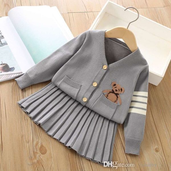 Nouveau bébé filles vêtements deux pièces robe ensemble style académique à manches longues tricoté pull cardigan et jupe plissée ensembles printemps automne mode enfants vêtements 2 pièces tenues