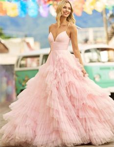 Nieuwe Baby Roze Multilayer Prinses Prom Dress Lange Diepe V-hals Bandjes Ruches Tulle Formele Avond Party Jurken Robe De soiree