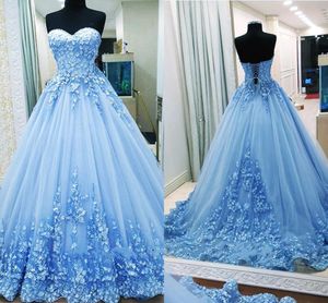 Nieuwe Baljurk Avondjurken Sweetheart Applicaties Tule Backless Bandage Light Blue Prom Toga's Quinceanera Jurken Sweet 16 Dresses