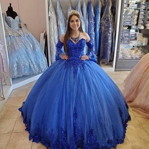 2021 Lovertjes Baljurk Quinceanera Jurken Sweetheart Royal Blue Tulle Lace Applicaties Pailletten Kralen Sweet 16 Party Formele Prom Dress Avondjurken