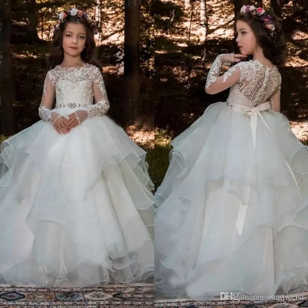 Nouvelle Robe De Bal Volants Fleur Filles Robes Pour Les Mariages À Manches Longues Cristal Sash Boho Toddel Enfant Première Communion Robe Pas Cher Pageant Robes