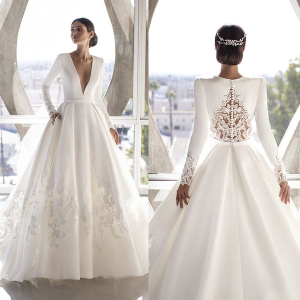 Nouvelle robe de bal robes de mariée col en V profond manches longues robes de mariée en satin de soie sur mesure dos creux balayage train robes de novia