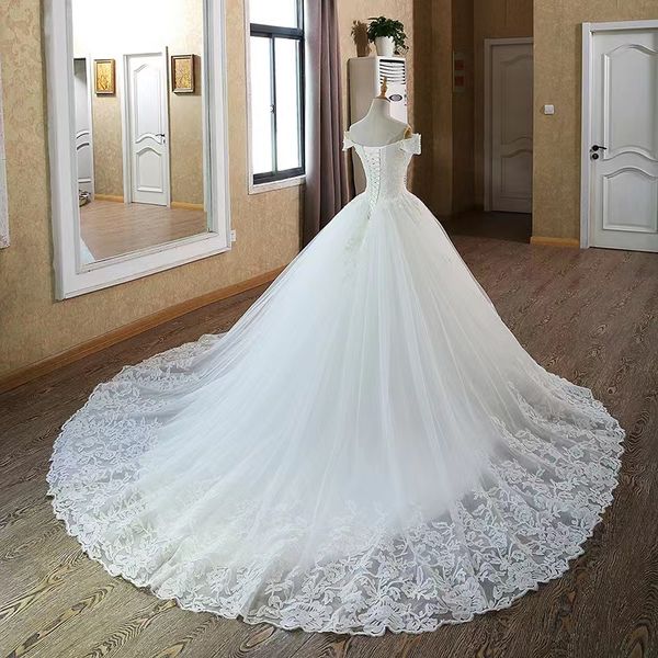 Nuevo vestido de fiesta Vestidos de novia Cariño Fuera del hombro Princesa Vestidos de novia Encaje con cuentas con perlas Vestido de novia con cordones Perlas Volantes Vestidos formales Vestidos de novia