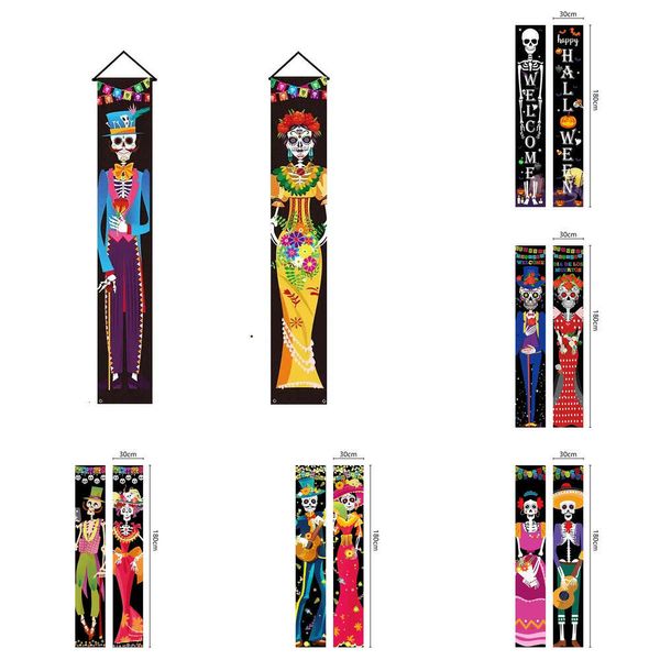 Nouvelles bannières banderoles confettis 1 paire décoration du jour des morts bannière d'Halloween signe de porche bricolage décorations de fête mexicaine crâne bienvenue bannière de porte suspendue