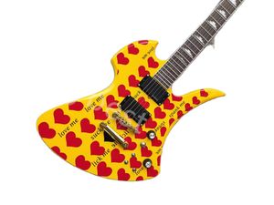 Nieuwe BC Rich Yellow Heart Pattern Electric Guitar met Double Shake Tremolo Bridge