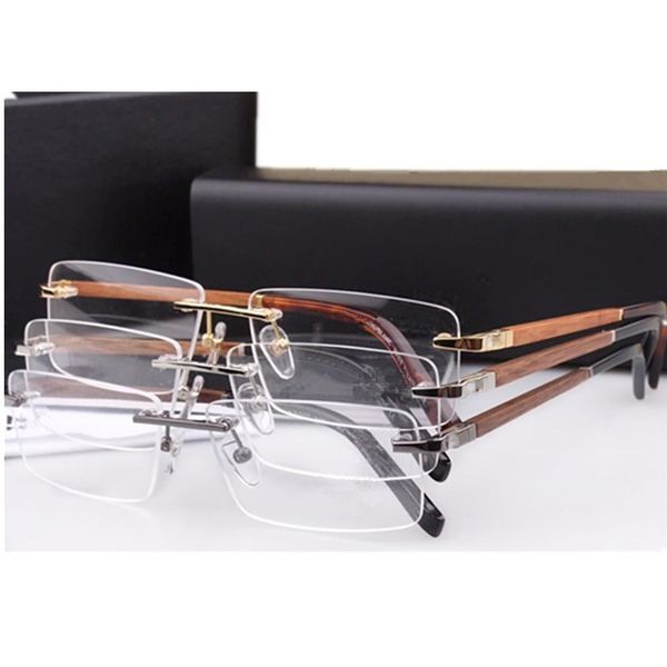 Luxe concis hommes monture sans monture lunettes unies lentille claire 39 jambe en bois titane léger jante rectangulaire 56-17-140 pour étui complet de prescription