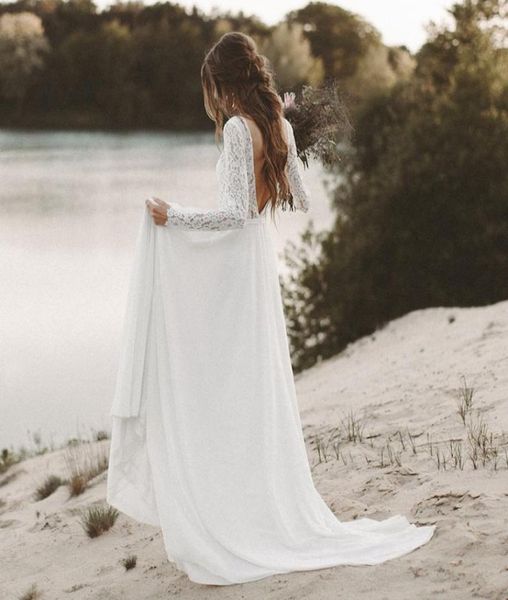 Nuevo vestido de novia de playa de manga larga Boho cuello en V espalda abierta vestidos de novia 2019 vestido de novia de encaje de gasa novias5584958