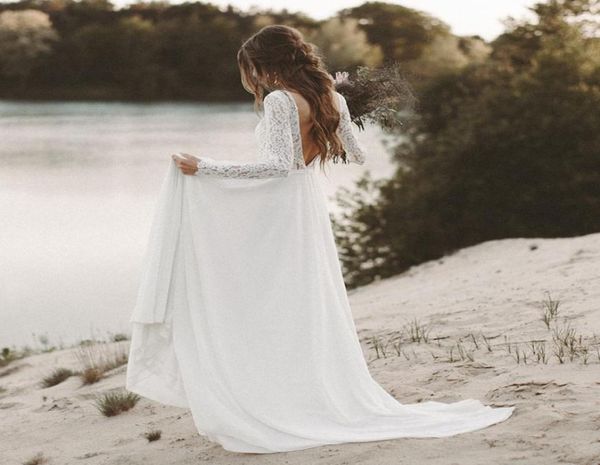 Nuevo vestido de novia de playa de manga larga Boho cuello en V espalda abierta vestidos de novia 2019 vestido de novia de encaje de gasa novias1721820