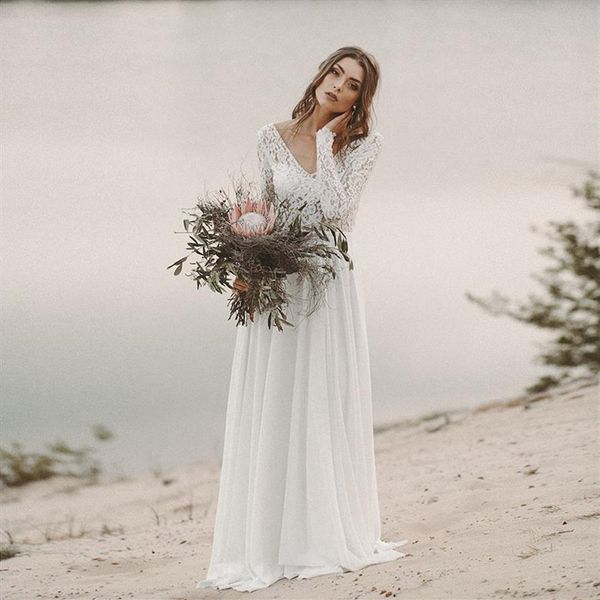 Nuevo vestido de novia de playa de manga larga Boho cuello en V espalda abierta vestidos de novia 2019 vestido de novia de encaje de gasa novias171o