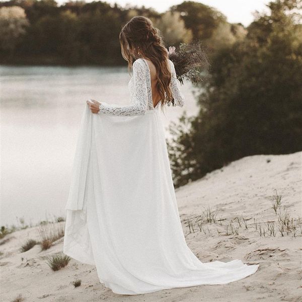 Nuevo vestido de novia de playa Manga larga Boho con cuello en V Espalda abierta Vestidos de novia 2019 Vestido de novia de encaje de gasa novias291N