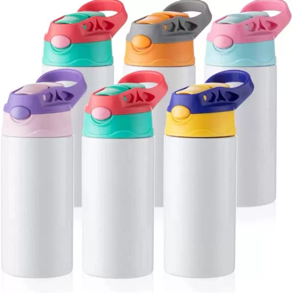 US Stock Sublimation Blanks Kids Tumbler Biberón Sippy Cups 12 OZ Botella de agua blanca con pajita y tapa portátil 5 tapas de color Impresión por sublimación