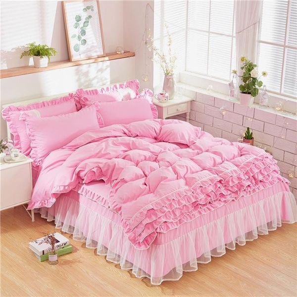 Ensembles de literie ensemble princesse arc à volants housse de couette mariage rose fille bébé lit jupe couette Twin Bedclothes1