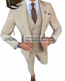 Nouveau Beige Hommes 3 Pièces Costume Formel Busin Encoche Revers Slim Fit Tuxedos Meilleur Homme Blazer Pour WeddingBlazer + gilet + Pantalon 45Nv #