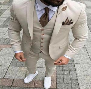 Nieuwe beige mannen passen slanke fit 3 stuks jasvestpants bruiloft bruidegom tuxedos formeel pak op maat gemaakte polyester prom avondsust 3720555