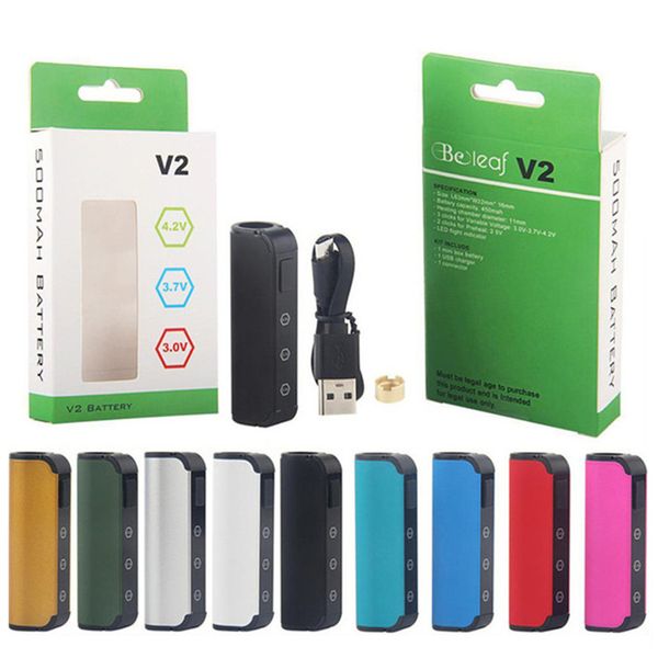 Nouvelle batterie Beleaf V2 Vape 450mAh VV Tensions variables 510 Fil Préchauffage Mod Vaporisateurs Connexion magnétique pour chariots vides d'huile épaisse