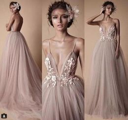 Nouvelle Berta Evening Wear Robes Formelles Sheer Tulle Lace Floral Spaghetti Sweep Train Backless Holiday Party Prom Robe 20192598090