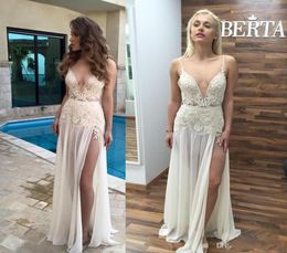 Nieuwe Berta Sexy Split Evening Jurns Plunging V nek goedkope Backless Lace Applique Prom Party Dress 2019 Chiffon Formal Celebrity GOW4681081