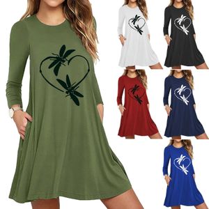 Nouveau best-seller Dragonfly Print Long Sleeve Slim Fit A-line Pocket Dress for Women