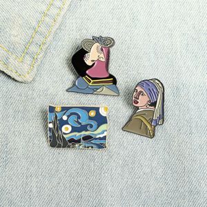 Pendientes de perlas para chica, broche de estilo pintura Van Gogh, insignia de goteo de aceite, superventas