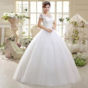 Nuevo Big Ball Ball Beige / Rojo Manga corta Beads ORGANA Vestidos de novia 2017 Nuevo encaje hacia arriba Vestidos de Weding Nupcial Robe de Mariage