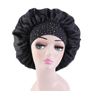 Nouveau grand Satin élasticité confortable à larges bords soyeux strass cheveux chapeau de couchage bonnets Cap soin Bonnet bonnets de nuit pour Wome