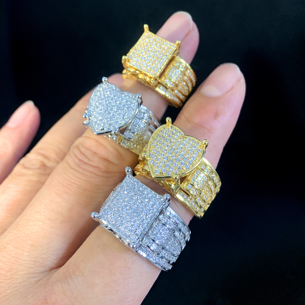Nya Big Square Heart Rings Prong Seting Iced Out Bling CZ Cubic Zirconia Ring Luxury Fashion Hip Hop Finger Jewelry